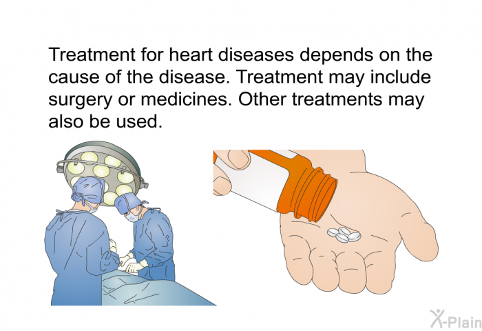 Treatment for heart diseases depends on the cause of the disease. Treatment may include surgery or medicines. Other treatments may also be used.
