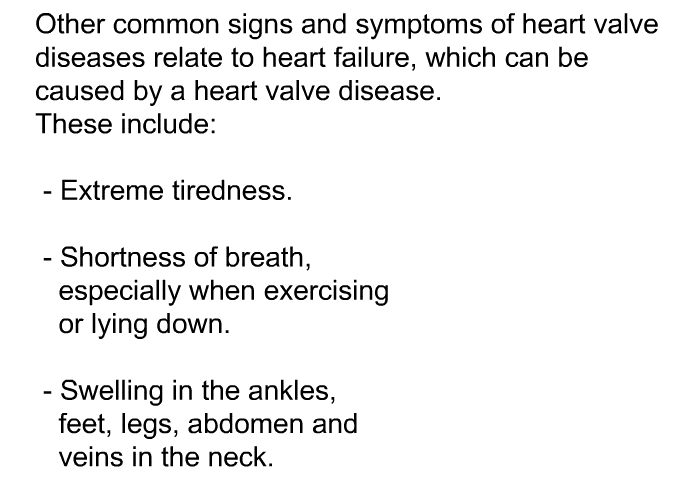 Other common signs and symptoms of heart valve diseases relate to heart failure, which can be caused by a heart valve disease. These include:  Extreme tiredness. Shortness of breath, especially when exercising or lying down. Swelling in the ankles, feet, legs, abdomen and veins in the neck.