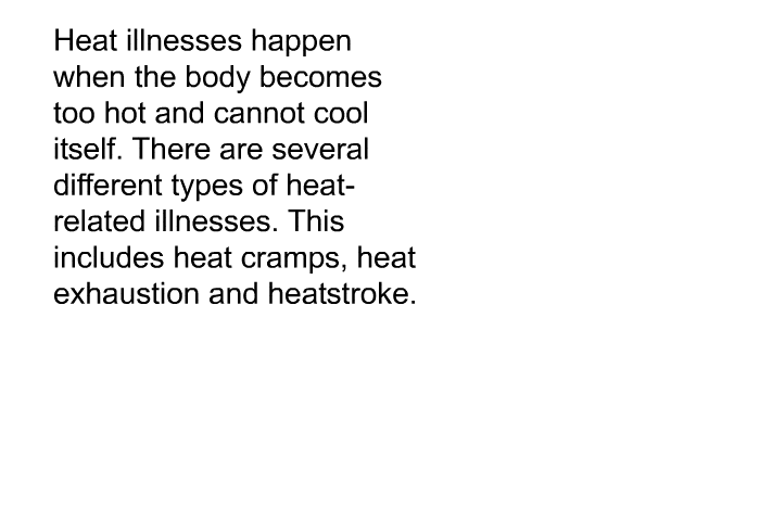 Heat illnesses happen when the body becomes too hot and cannot cool itself. There are several different types of heat-related illnesses. This includes heat cramps, heat exhaustion and heatstroke.