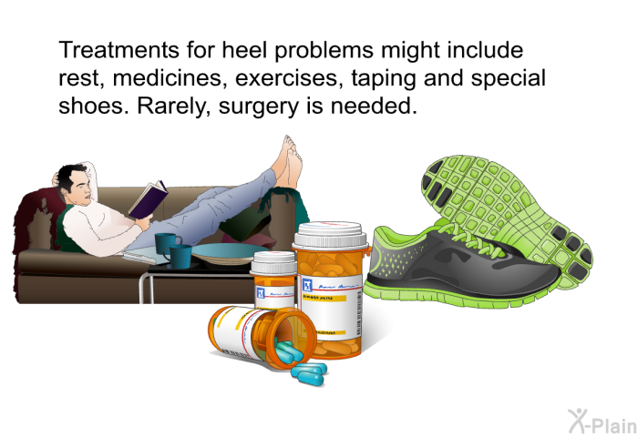 Treatments for heel problems might include rest, medicines, exercises, taping and special shoes. Rarely, surgery is needed.