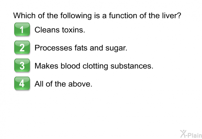 Which of the following is a function of the liver?  Cleans toxins. Processes fats and sugar. Makes blood clotting substances. All of the above.