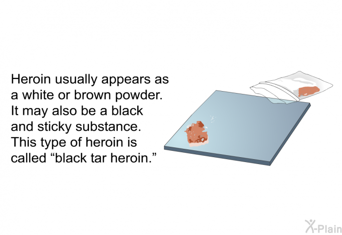 Heroin usually appears as a white or brown powder. It may also be a black and sticky substance. This type of heroin is called “black tar heroin.”