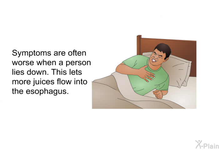 Symptoms are often worse when a person lies down. This lets more juices flow into the esophagus.