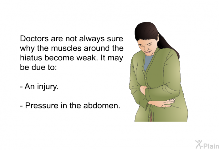 Doctors are not always sure why the muscles around the hiatus become weak. It may be due to:  An injury. Pressure in the abdomen.