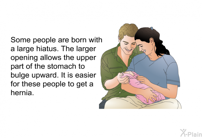 Some people are born with a large hiatus. The larger opening allows the upper part of the stomach to bulge upward. It is easier for these people to get a hernia.