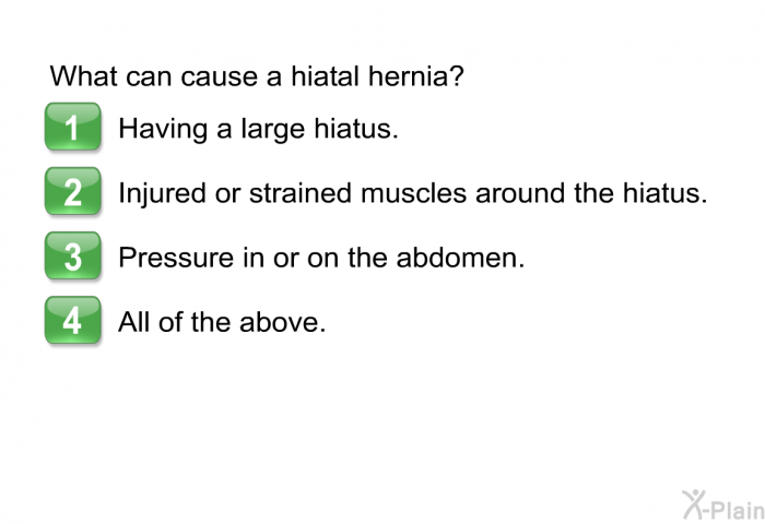 What can cause a hiatal hernia?  Having a large hiatus. Injured or strained muscles around the hiatus. Pressure in or on the abdomen. All of the above.