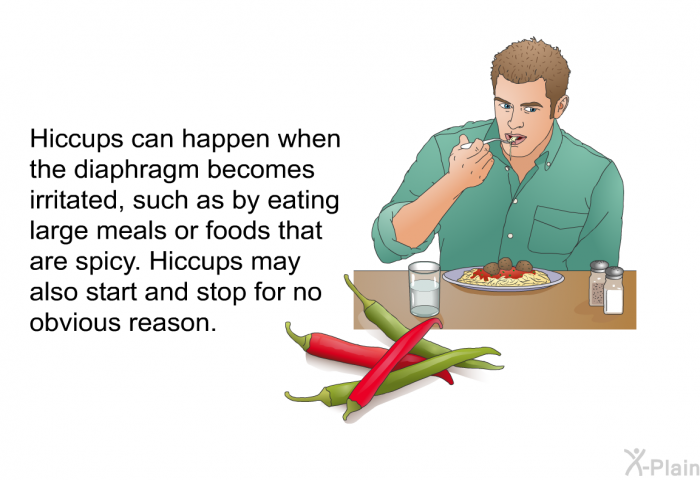 Hiccups can happen when the diaphragm becomes irritated, such as by eating large meals or foods that are spicy. Hiccups may also start and stop for no obvious reason.