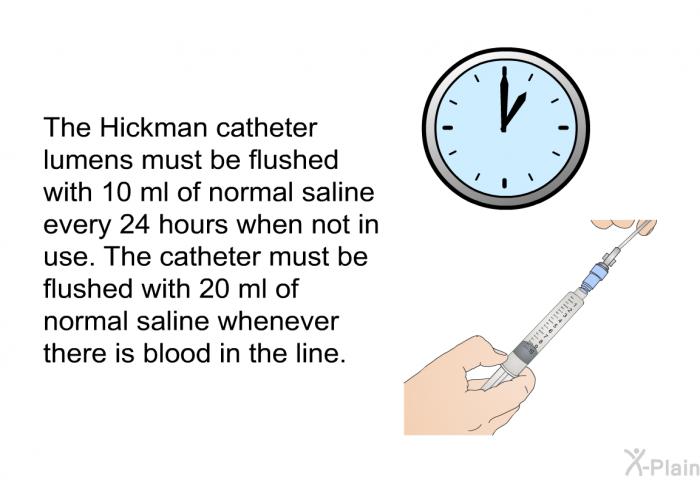 The Hickman catheter lumens must be flushed with 10 ml of normal saline every 24 hours when not in use. The catheter must be flushed with 20 ml of normal saline whenever there is blood in the line.