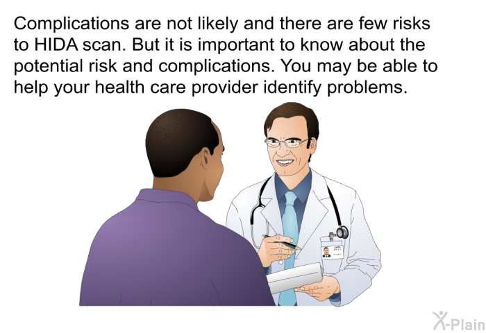 Complications are not likely and there are few risks to HIDA scan. But it is important to know about the potential risk and complications. You may be able to help your health care provider identify problems.