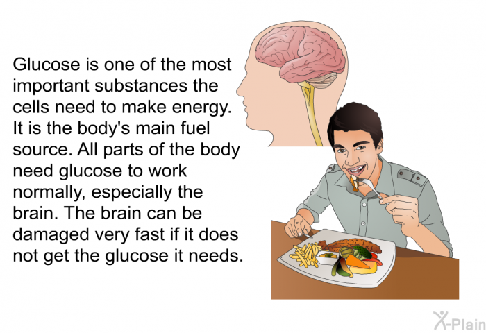 Glucose is one of the most important substances the cells need to make energy. It is the body's main fuel source. All parts of the body need glucose to work normally, especially the brain. The brain can be damaged very fast if it does not get the glucose it needs.