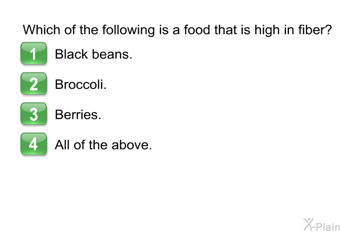 Which of the following is a food that is high in fiber?  Black beans. Broccoli. Berries. All of the above.