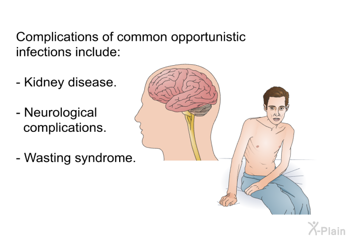Complications of common opportunistic infections include:  Kidney disease. Neurological complications. Wasting syndrome.