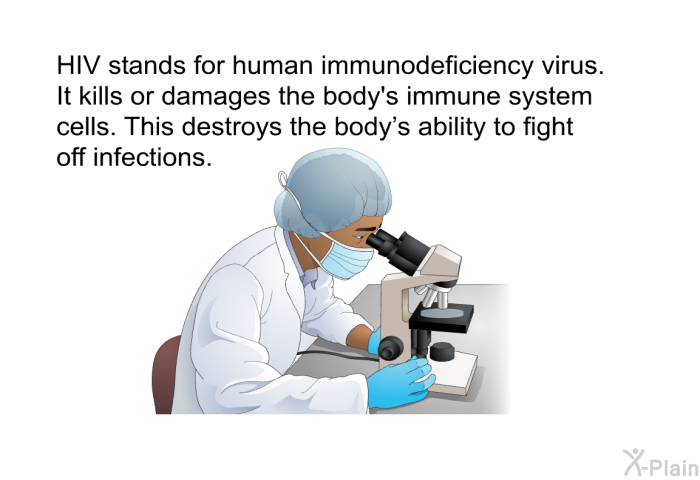 HIV stands for human immunodeficiency virus. It kills or damages the body's immune system cells. This destroys the body's ability to fight off infections.