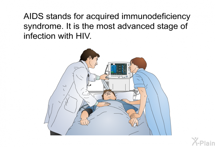 AIDS stands for acquired immunodeficiency syndrome. It is the most advanced stage of infection with HIV.