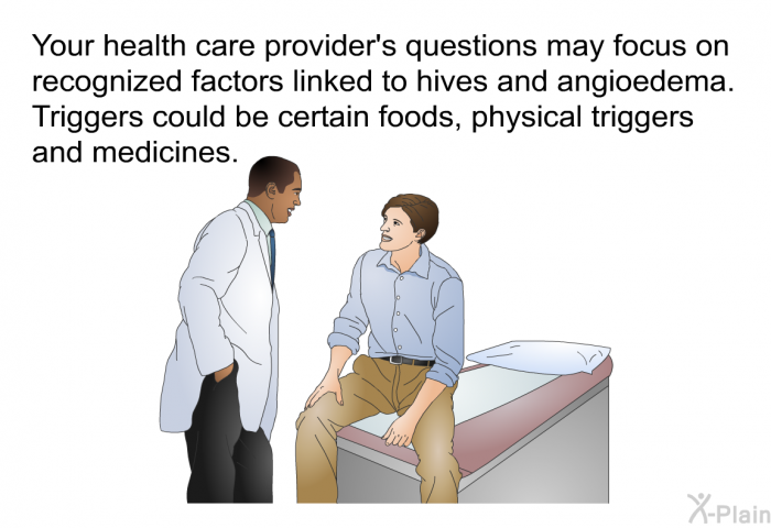 Your health care provider's questions may focus on recognized factors linked to hives and angioedema. Triggers could be certain foods, physical triggers and medicines.