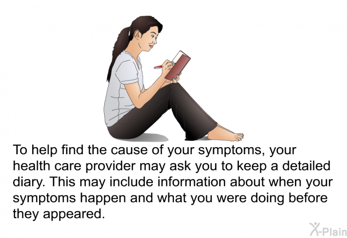 To help find the cause of your symptoms, your health care provider may ask you to keep a detailed diary. This may include information about when your symptoms happen and what you were doing before they appeared.