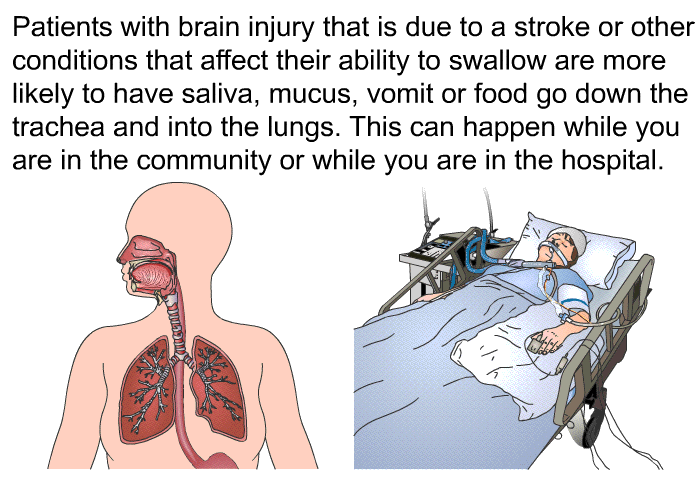 Patients with brain injury that is due to a stroke or other conditions that affect their ability to swallow are more likely to have saliva, mucus, vomit or food go down the trachea and into the lungs. This can happen while you are in the community or while you are in the hospital.