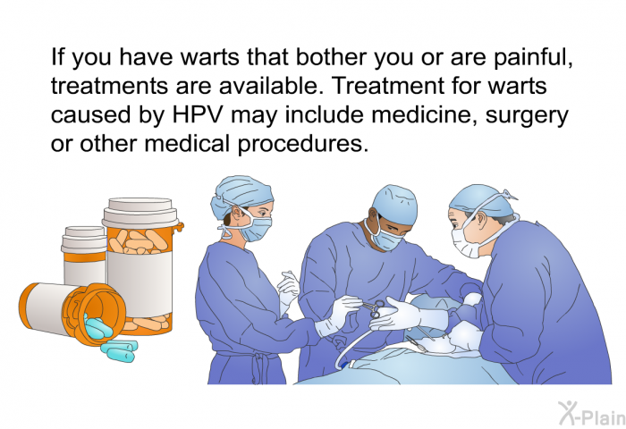 If you have warts that bother you or are painful, treatments are available. Treatment for warts caused by HPV may include medicine, surgery or other medical procedures.