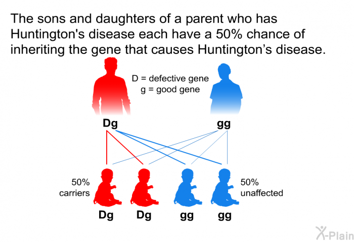 The sons and daughters of a parent who has Huntington's disease each have a 50% chance of inheriting the gene that causes Huntington's disease.