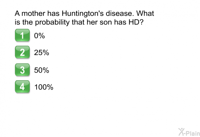 A mother has Huntington's disease. What is the probability that her son has HD?  0% 25% 50% 100%