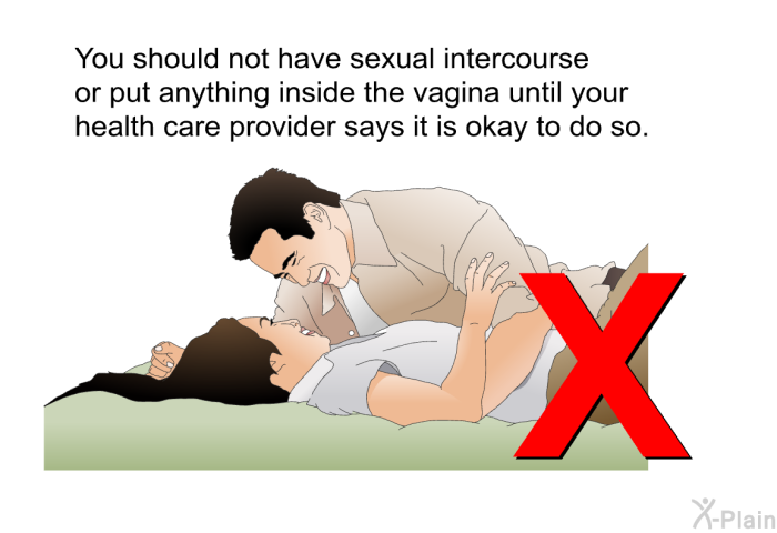 You should not have sexual intercourse or put anything inside the vagina until your health care provider says it is okay to do so.