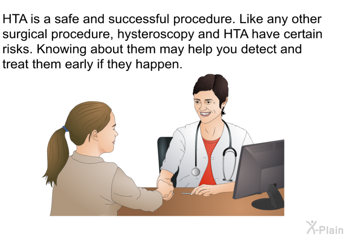 HTA is a safe and successful procedure. Like any other surgical procedure, hysteroscopy and HTA have certain risks. Knowing about them may help you detect and treat them early if they happen.
