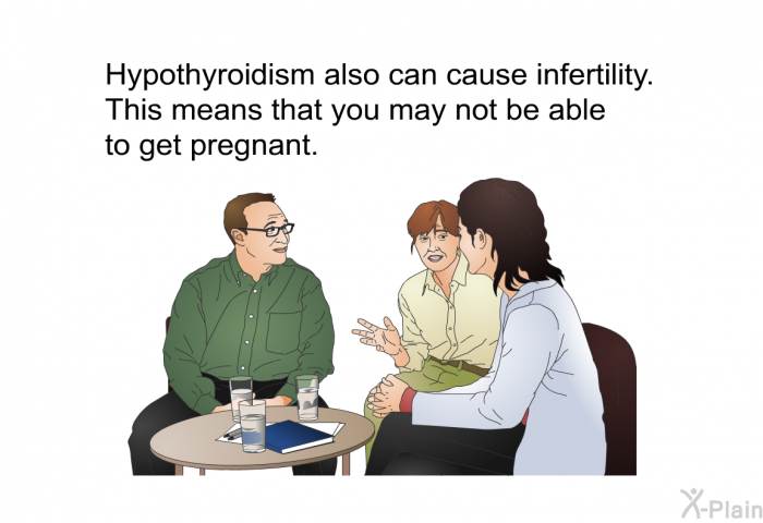 Hypothyroidism also can cause infertility. This means that you may not be able to get pregnant.