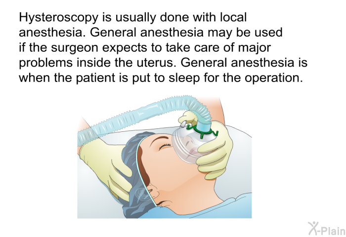 Hysteroscopy is usually done with local anesthesia. General anesthesia may be used if the surgeon expects to take care of major problems inside the uterus. General anesthesia is when the patient is put to sleep for the operation.