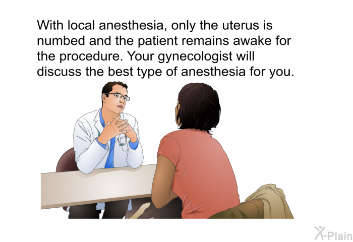 With local anesthesia, only the uterus is numbed and the patient remains awake for the procedure. Your gynecologist will discuss the best type of anesthesia for you.