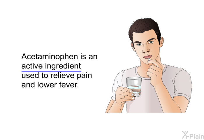 Acetaminophen is an active ingredient used to relieve pain and lower fever.