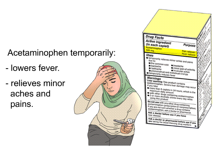 Acetaminophen temporarily:  lowers fever. relieves minor aches and pains.