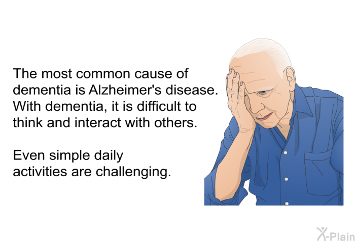 The most common cause of dementia is Alzheimer's disease. With dementia, it is difficult to think and interact with others. Even simple daily activities are challenging.