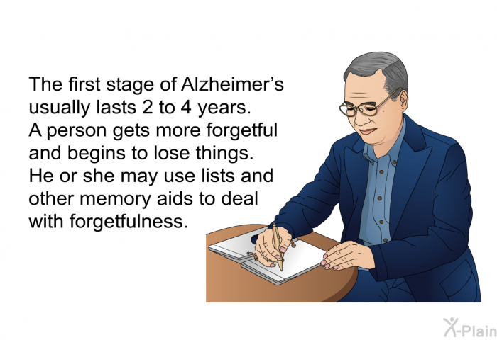 The first stage of Alzheimer's usually lasts 2 to 4 years. A person gets more forgetful and begins to lose things. He or she may use lists and other memory aids to deal with forgetfulness.