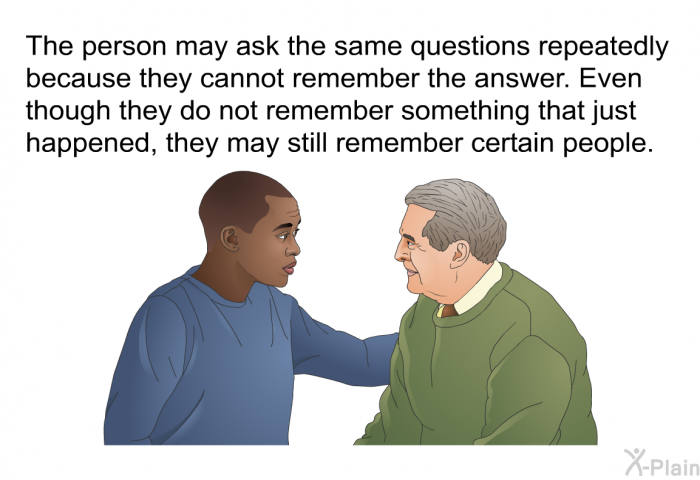 The person may ask the same questions repeatedly because they cannot remember the answer. Even though they do not remember something that just happened, they may still remember certain people.