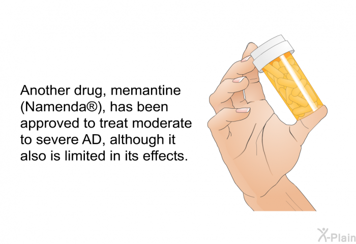 Another drug, memantine (Namenda ), has been approved to treat moderate to severe AD, although it also is limited in its effects.