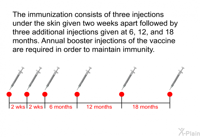 The immunization consists of three injections under the skin given two weeks apart followed by three additional injections given at 6, 12 and 18 months. Annual booster injections of the vaccine are required in order to maintain immunity.