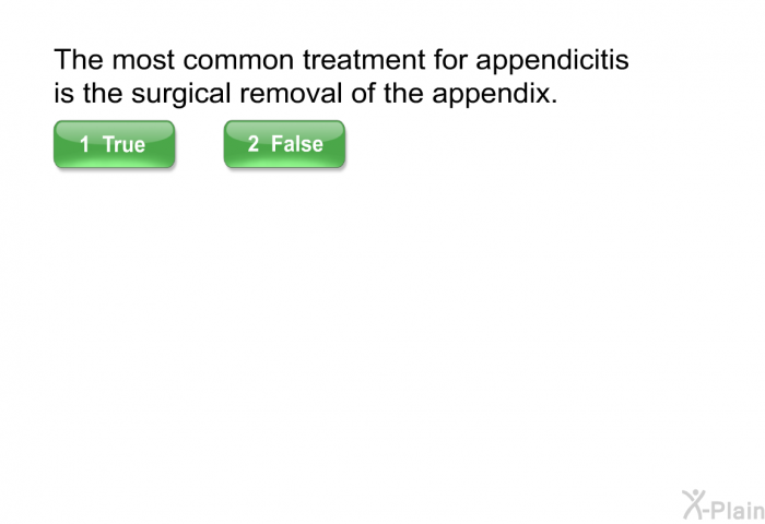 The most common treatment for appendicitis is the surgical removal of the appendix.