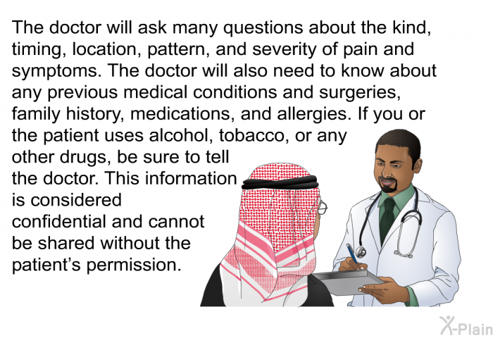 The doctor will ask many questions about the kind, timing, location, pattern, and severity of pain and symptoms. The doctor will also need to know about any previous medical conditions and surgeries, family history, medications, and allergies. If you or the patient uses alcohol, tobacco, or any other drugs, be sure to tell the doctor. This information is considered confidential and cannot be shared without the patient's permission.