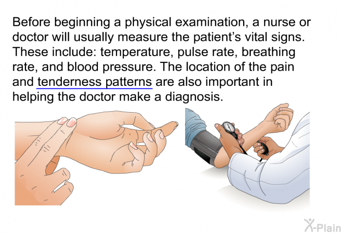 Before beginning a physical examination, a nurse or doctor will usually measure the patient's vital signs. These include: temperature, pulse rate, breathing rate, and blood pressure. The locations of the pain and tenderness patterns are also important in helping the doctor make a diagnosis.