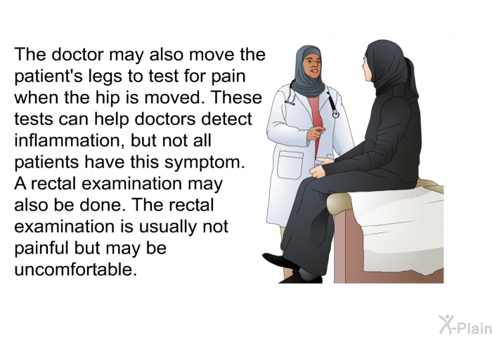 The doctor may also move the patient's legs to test for pain when the hip is moved. These tests can help doctors detect inflammation, but not all patients have this symptom. A rectal examination may also be done. The rectal examination is usually not painful but may be uncomfortable.