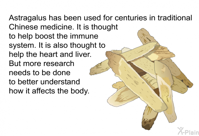 Astragalus has been used for centuries in traditional Chinese medicine. It is thought to help boost the immune system. It is also thought to help the heart and liver. But more research needs to be done to better understand how it affects the body.