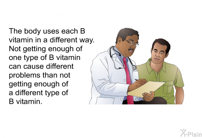 The body uses each B vitamin in a different way. Not getting enough of one type of B vitamin can cause different problems than not getting enough of a different type of B vitamin.
