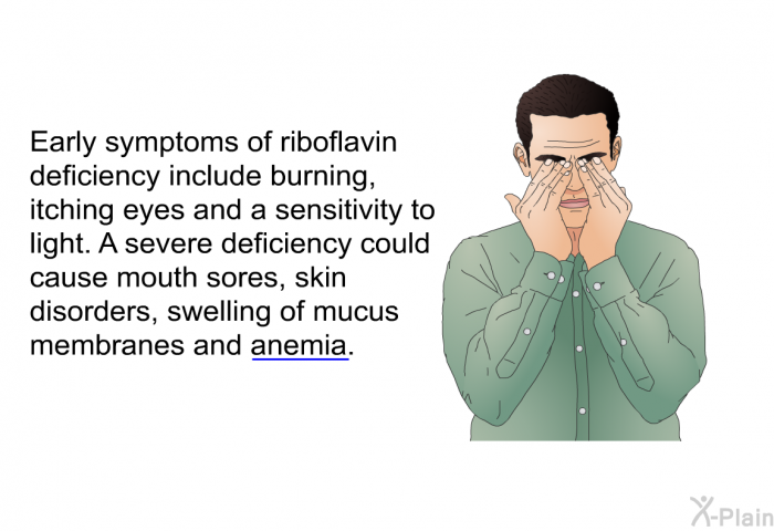Early symptoms of riboflavin deficiency include burning, itching eyes and a sensitivity to light. A severe deficiency could cause mouth sores, skin disorders, swelling of mucus membranes and anemia.