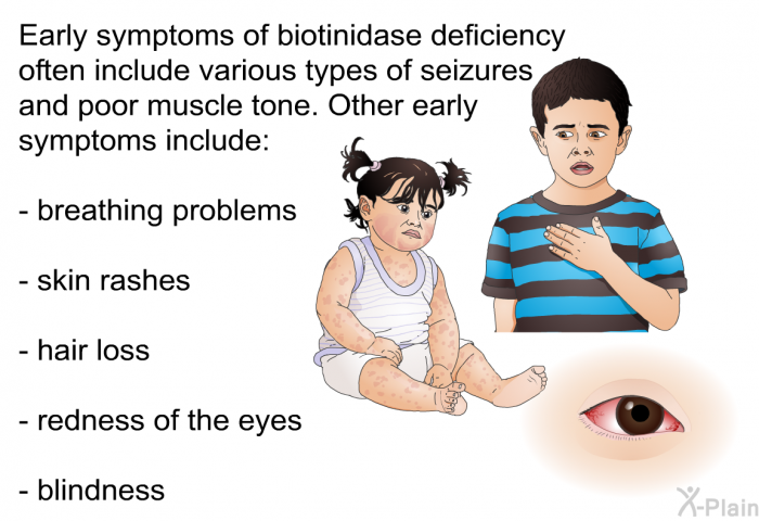 Early symptoms of biotinidase deficiency often include various types of seizures and poor muscle tone. Other early symptoms include:  breathing problems. skin rashes. hair loss. redness of the eyes. blindness.