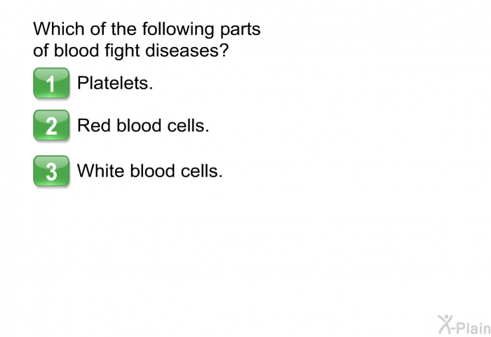 Which of the following parts of blood fight diseases?  Platelets. Red blood cells. White blood cells.