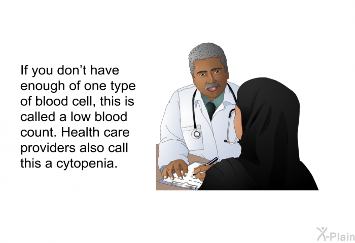 If you don't have enough of one type of blood cell, this is called a low blood count. Health care providers also call this a cytopenia.