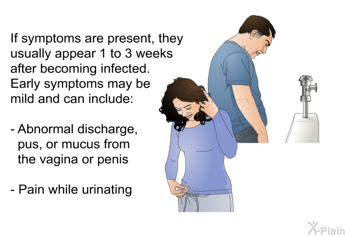 If symptoms are present, they usually appear 1 to 3 weeks after becoming infected. Early symptoms may be mild and can include:  Abnormal discharge, pus, or mucus from the vagina or penis Pain while urinating