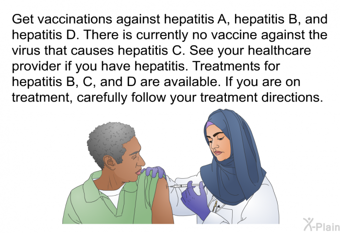 Get vaccinations against hepatitis A, hepatitis B, and hepatitis D. There is currently no vaccine against the virus that causes hepatitis C. See your healthcare provider if you have hepatitis. Treatments for hepatitis B, C, and D are available. If you are on treatment, carefully follow your treatment directions.