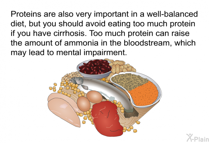 Proteins are also very important in a well-balanced diet, but you should avoid eating too much protein if you have cirrhosis. Too much protein can raise the amount of ammonia in the bloodstream, which may lead to mental impairment.