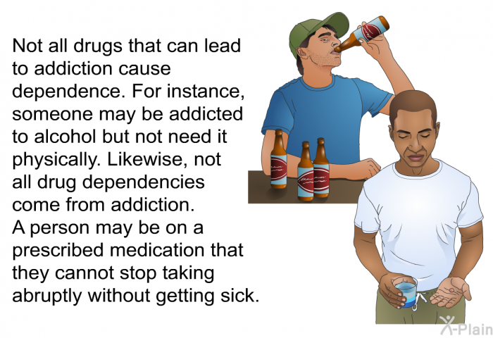 Not all drugs that can lead to addiction cause dependence. For instance, someone may be addicted to alcohol but not need it physically. Likewise, not all drug dependencies come from addiction. A person may be on a prescribed medication that they cannot stop taking abruptly without getting sick.